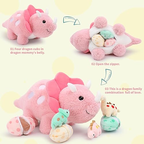 Vista 7 de Juguetes de dinosaurio rosa de 17.6 pulgadas para niñas, mamá dinosaurio de peluche con 3 dinosaurios de peluche