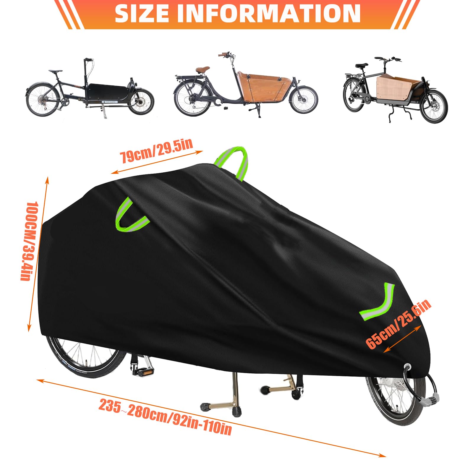 Lastenrad Abdeckung, Fahrradabdeckung Wasserdicht Lastenrad, 420D Oxford-Gewebe Schutzhülle für Einspurige Lastenräder mit Reflektorstreifen UV-Schutz, Reißfest, 280x65x100 cm