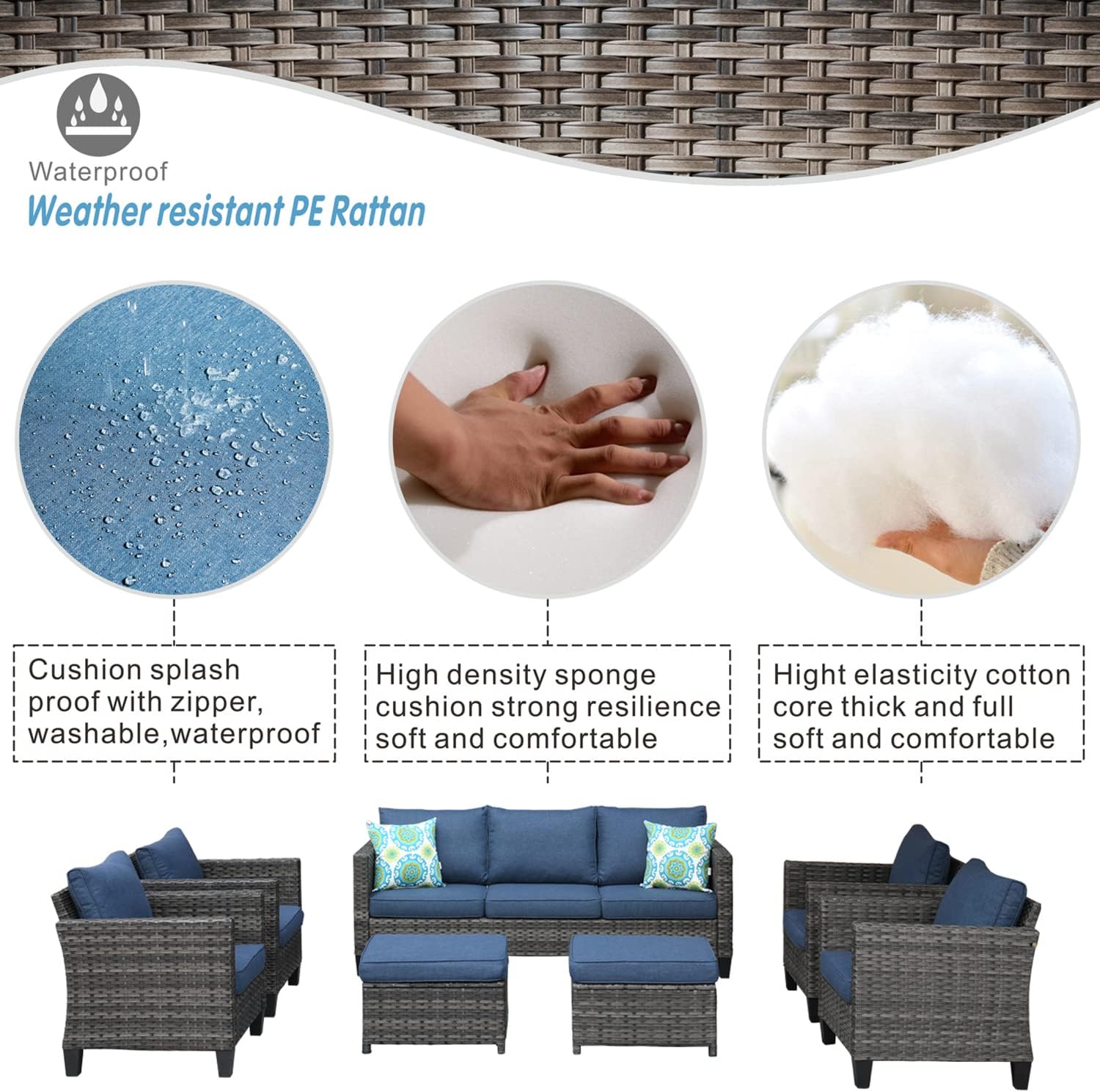 ovios Patio Furniture Set 7 PCS High Back Sofa Outdoor Conversation Sets All Weather Wicker Patio Couch and Chairs Garden Backyard Porch (Denim Blue) : Patio, Lawn & Garden