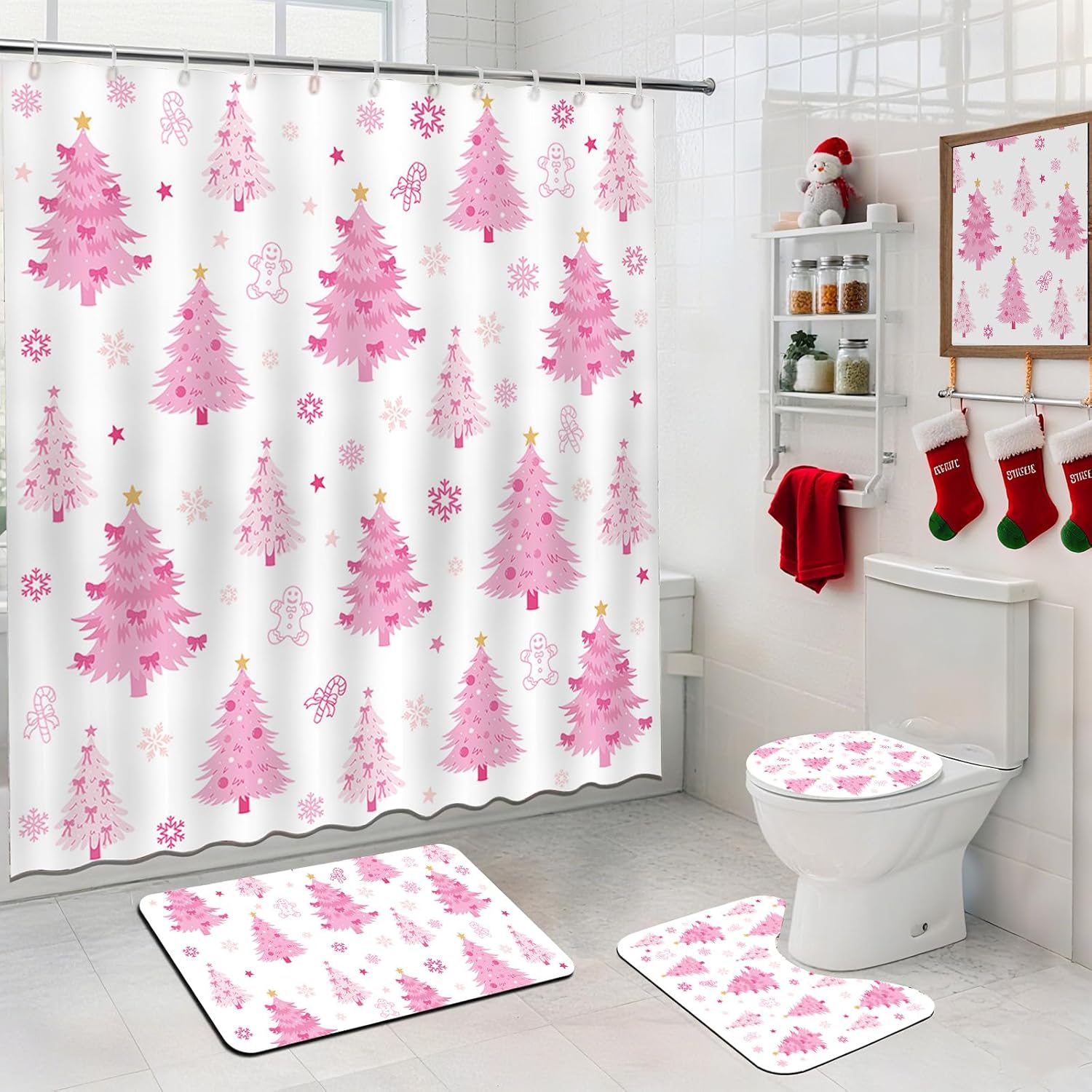 4pcs Christmas Shower Curtain Set Cute Pink Xmas Trees Shower Curtain Set with Non-Slip Washable Bath Rugs, Toilet Lid Cover Winter Holidays Christmas Tree Bathroom Decor Accessory