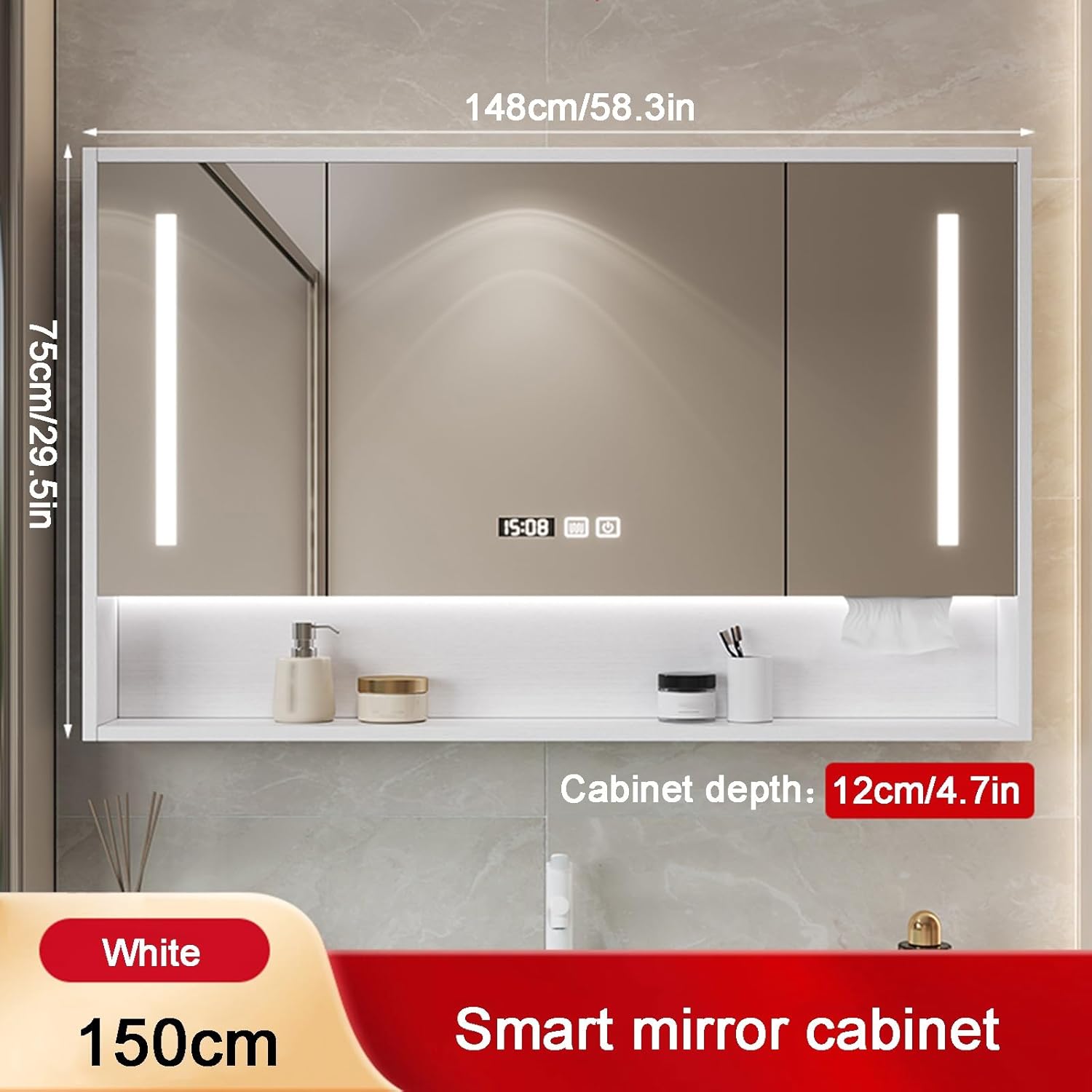 Mirror cabinet for bathroom，bathroom mirror cabinets，cabinet mirror，led mirror for bathroom，bathroom mirror with storage，mirrored bathroom cabinets wall mounted，Anti Fog(A,W150*H75cm/W59.1*H29.5in)