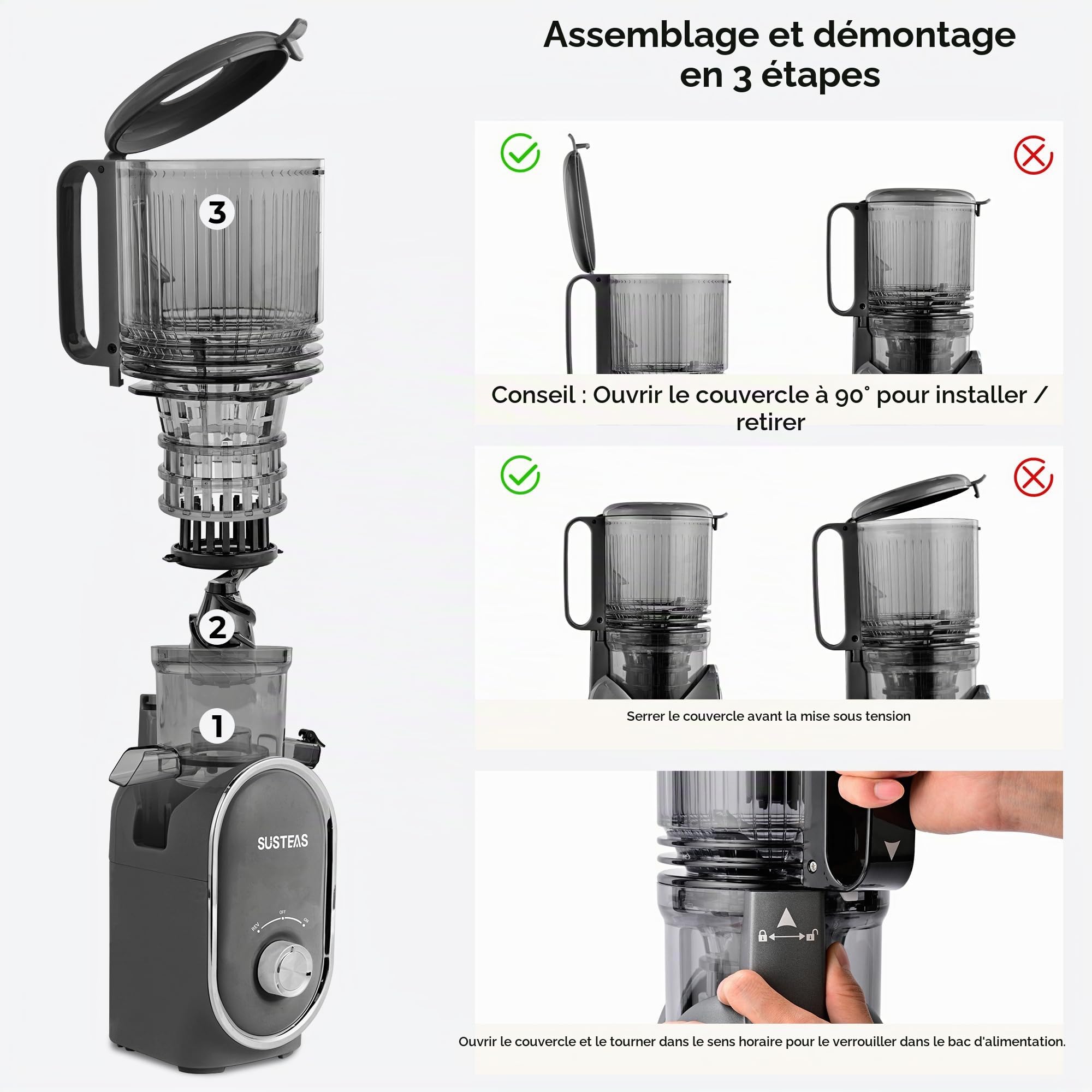 SUSTEAS Presse-agrumes à froid, goulotte d'alimentation de 13,5 cm (capacité de 1417,5 g), extracteur de jus à mastication lente de 300 W pour fruits et légumes entiers, alimentation automatique