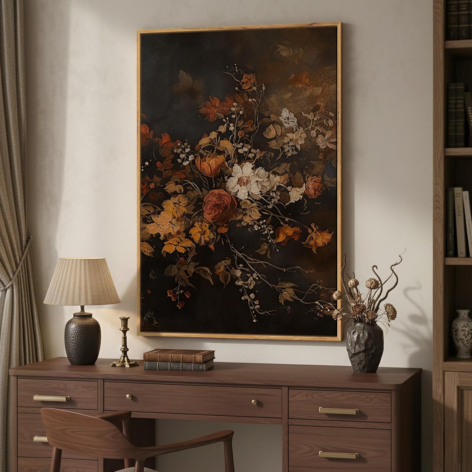 framed vintage floral wall art for room decor, retro dark moody flower canvas artwork for walls, vertical antique botanical painting print for living room bedroom hallway office wall decor, 24x36 inch 24" w x 36" h x 1pc brown b