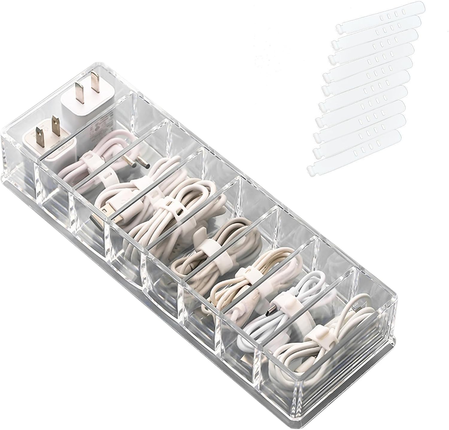 Scatola portacavi trasparente per cavi dati con griglie multiple e grande capacità, 9,8x3,1x1,8 pollici, ideale per caricare cavi e adattatori a casa o sulla scrivania dell'ufficio