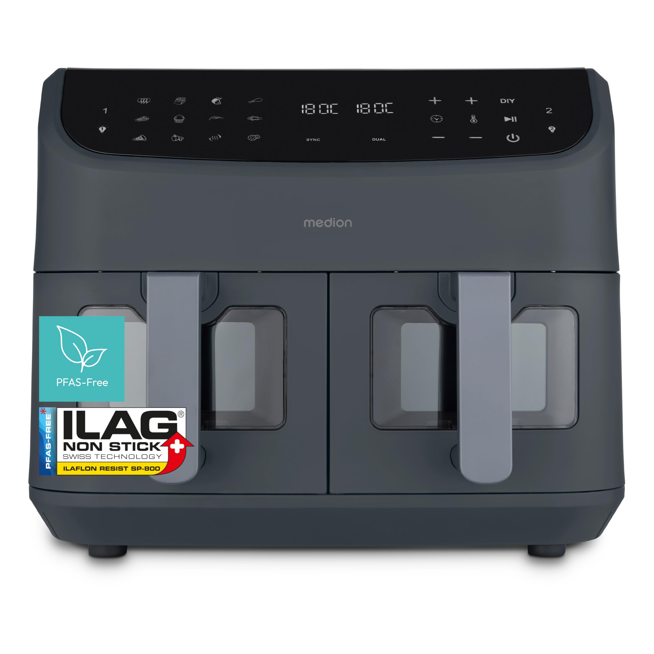 MEDION P20 XXL Freidora de Aire Doble Cesta MD11760 Gris Mate | 8,7 L, 2600 W, 10 Programas, 2 Cajones, Ventana, Air Fryer Dual XXL