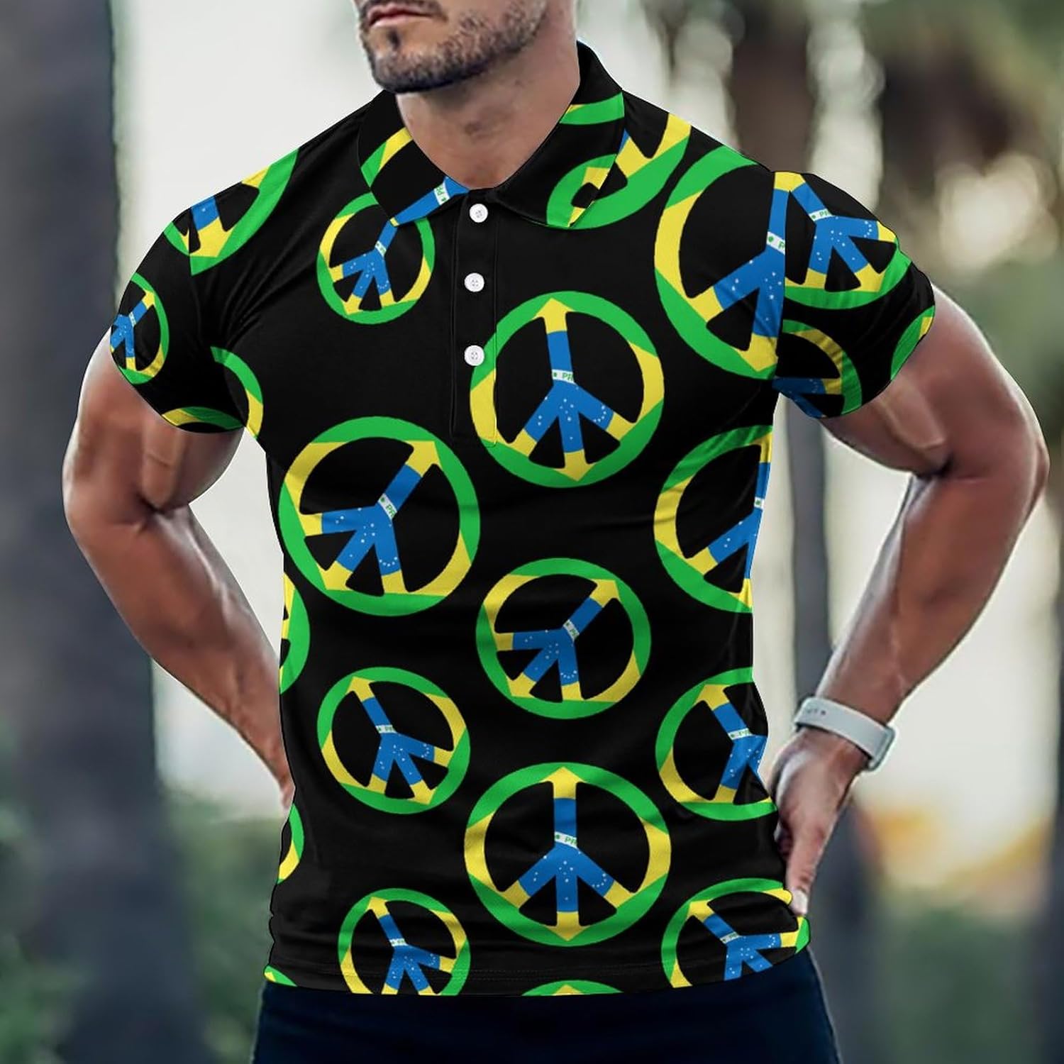 Brail Flag Peace Symbol Men's Golf Polo Shirts Short Sleeve Button Down T Shirt Slim Fit Graphic Tee Top