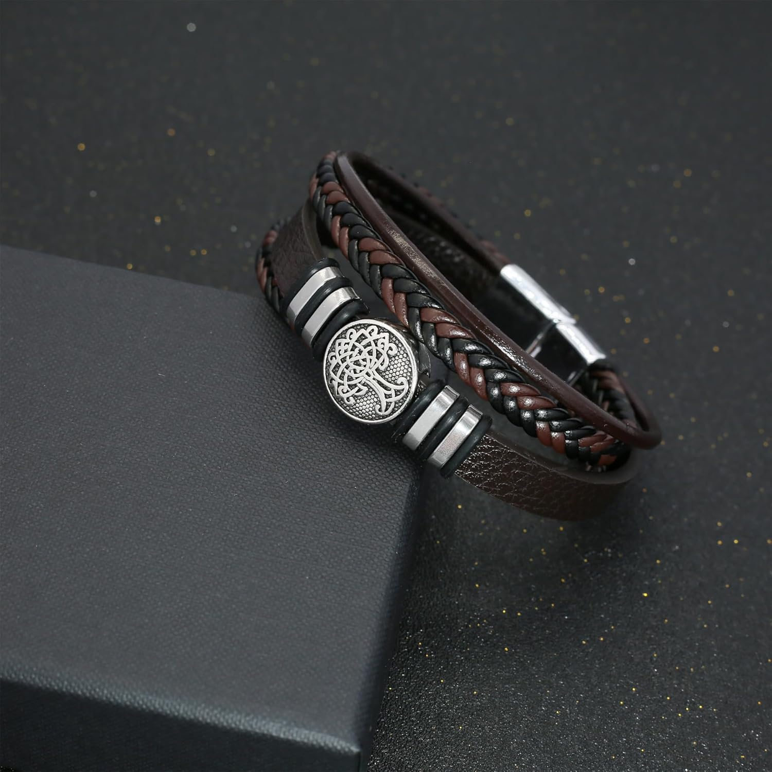 Mens Leather Bracelet with Multi-Layer Braided Leather Mens Bracelet Valentine's Day Gift - Image 2