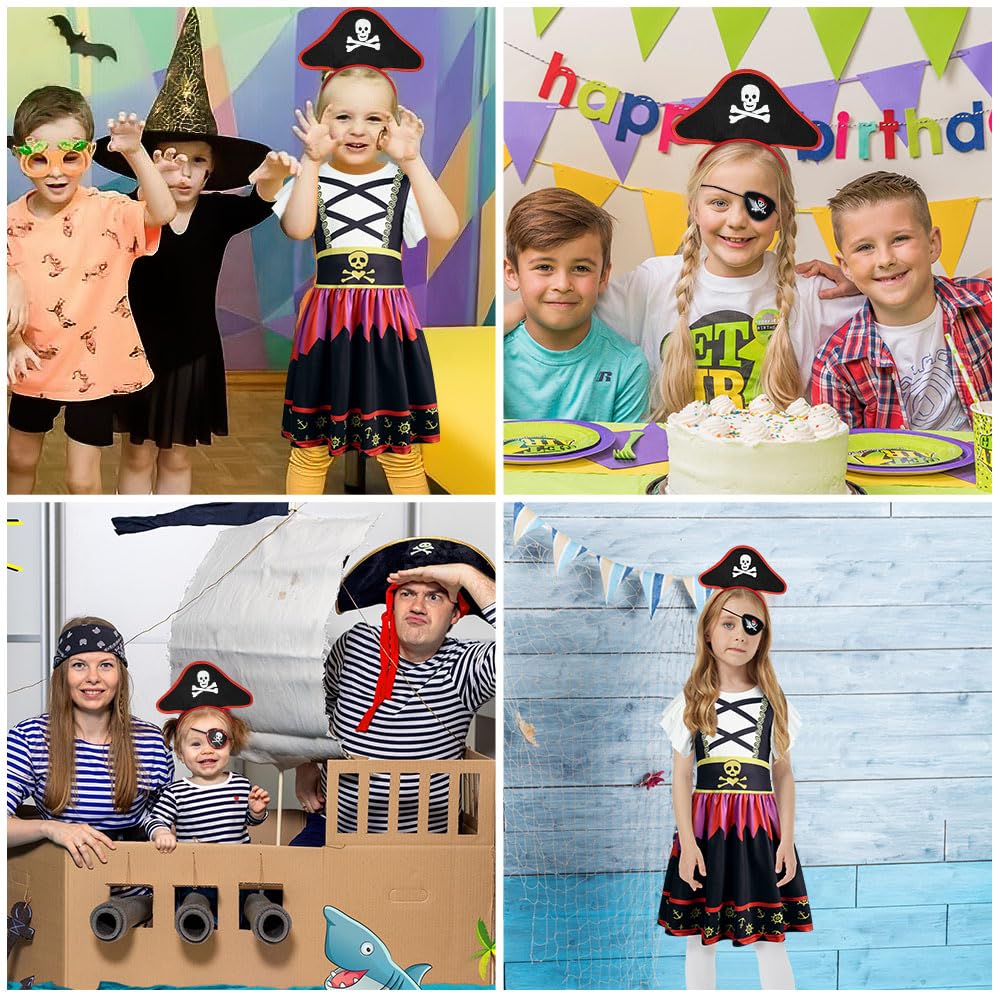 AUYAO Kostium piratów dla dzieci, 7 szt. Zestaw kostiumów piratów z sukienką, kapeluszem i naszywką na oko, zestaw dla dziewczynki Buccaneer, kostium na Halloween dla dziewczynek na karnawał, imprezę
