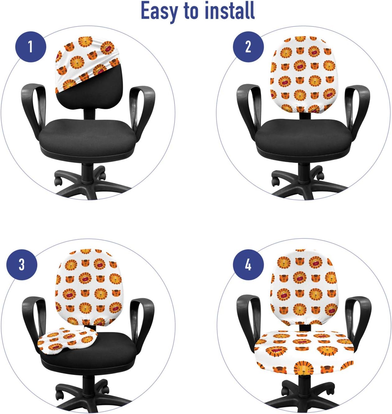 Ambesonne Tiger Office Chair Slipcover, Repeated Rounded Forms Jungle Tiger Lion Sharp Teeth Funky Characters Face, Protective Stretch Decorative Fabric Cover, Orange and Multicolor