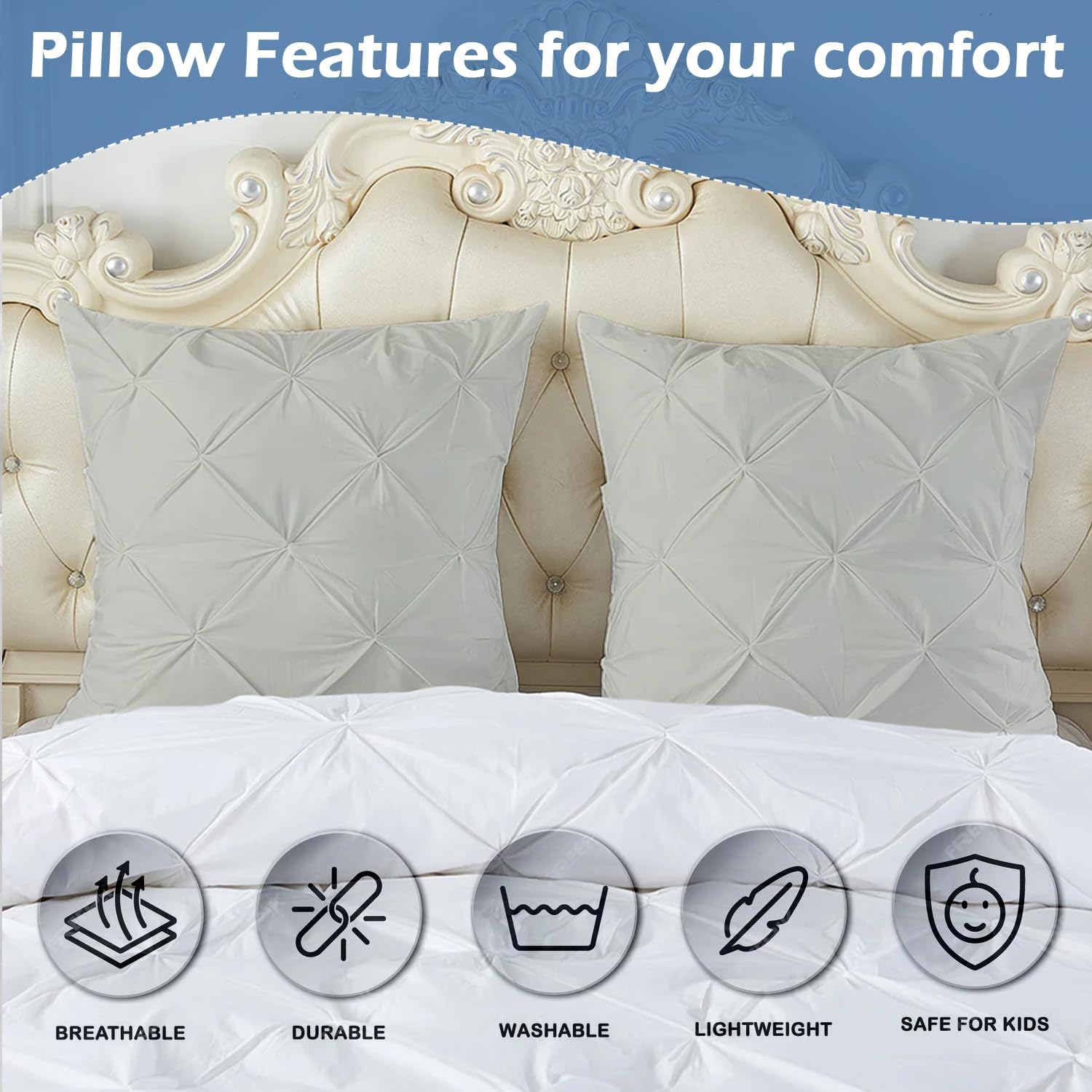 eBeddy Linens European Square Pinch Pleated Pintuck Pillow Shams Set – Silver Grey Egyptian Cotton Envelope Closure, 800-TC, Soft, Cozy & Breathable 26x26 Inch Cushion Cover for Sofa, Couch & Bedroom