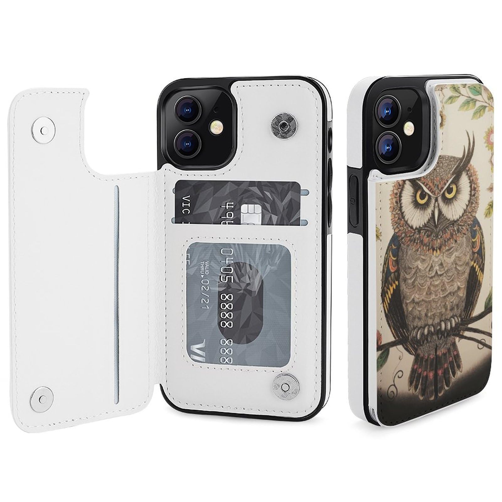 Fundas tipo cartera para iPhone 12, diseño de búho, de piel, con ranuras para tarjetas