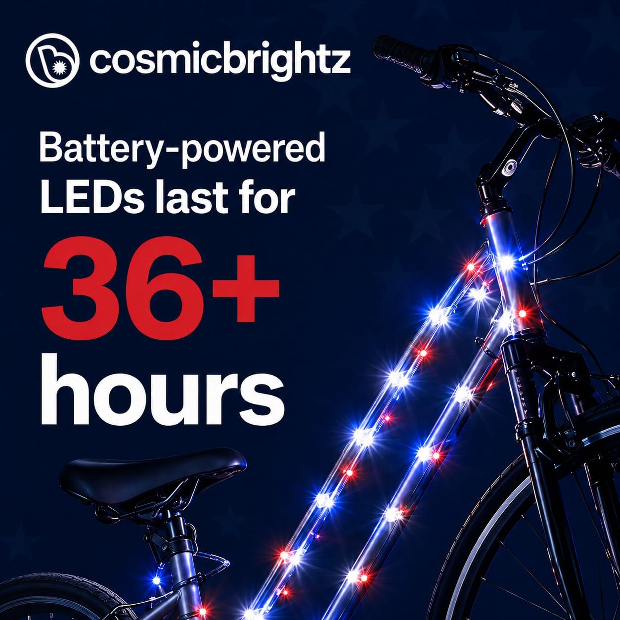Brightz CosmicBrightz Patriotic LED Bike Frame Rope Light for Kids & Teens | String bike lights for night riding; light-up bicycle decorations; bike accessories for kids