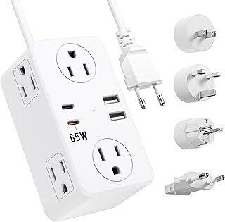 European Travel Plug Adapter, EU/UK/US Travel Adapter Power Strip, 6 AC Outlets, 65W USB C Power Delivery, 3ft Wrapped Around Extension Cord, Compact for Travel