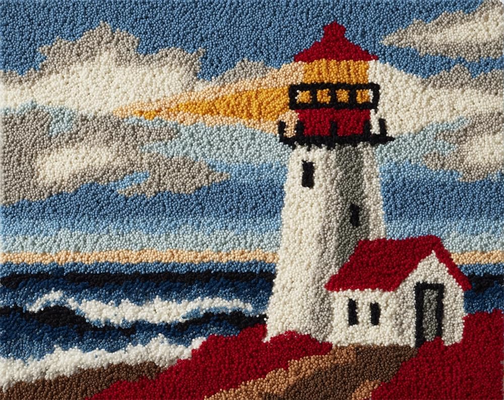 Large Latch Hook Kits For Adults, Seaside Lighthouse Rug Making Kit For Adults Beginners, Pre-Printed Pattern Rug Making Kit, Tapestry Kits Rug For Beginners, Latch Hook Rug Kits Embroidery 39X55In