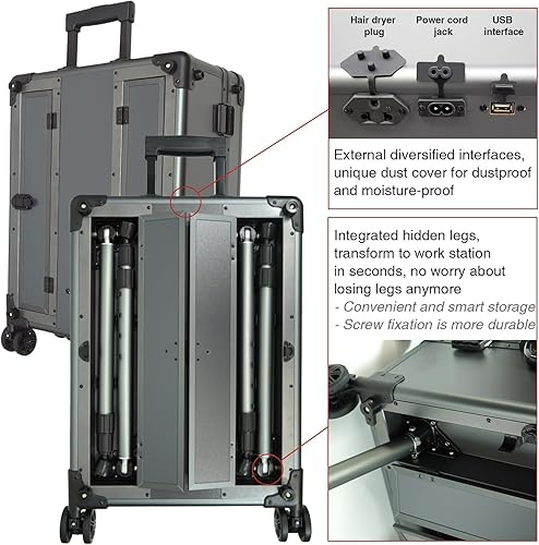 Miniatura 6 de RUKEJUNE Estuche de maquillaje rodante de 24 pulgadas con espejo y luces, caja de viaje grande para cosméticos, estaciones de peluquería móviles con