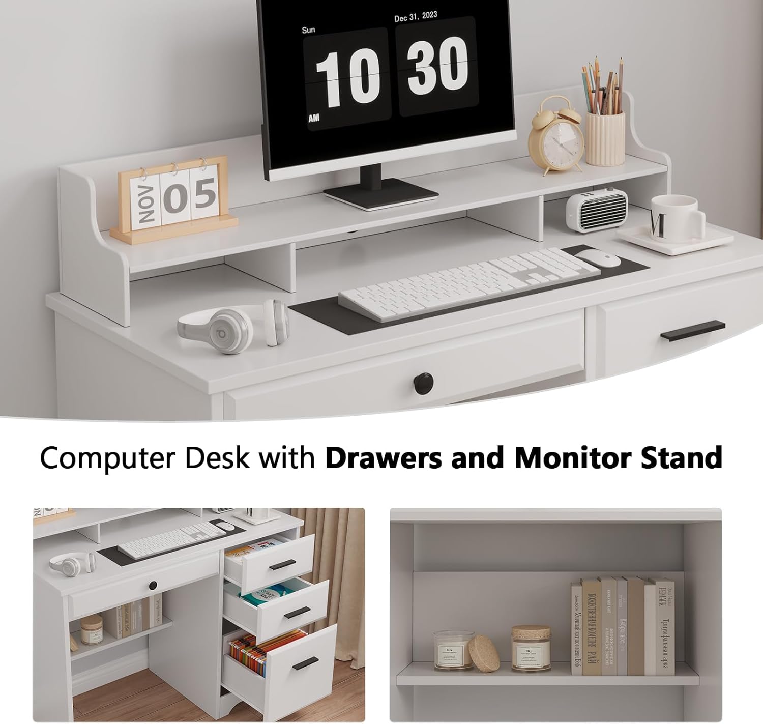 White Desk with Drawers, Small Computer Desk with File Drawer for Bedroom, Home Office Desk with Shelves and Monitor Stand for Writing Study, Small Spaces