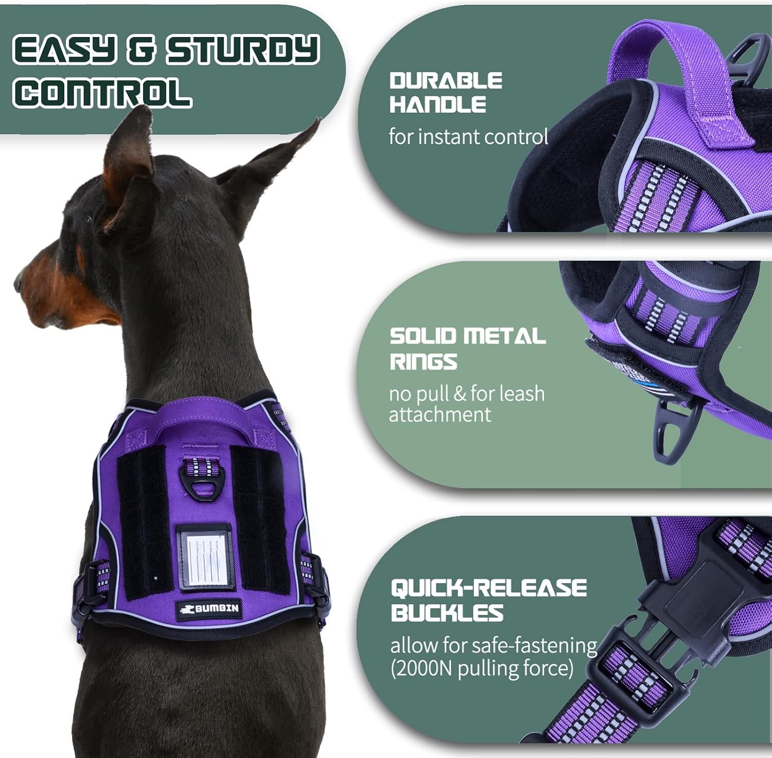 BUMBIN Dog Harness for Large Dogs No Pull, Tactical Dog Harness, with Handle, Adjustable Dog Vest Harness, 6Ft Bungee Dog Leash Large Dogs, No Pull Shock Absorbing Dog Leash with Car Seat Belt