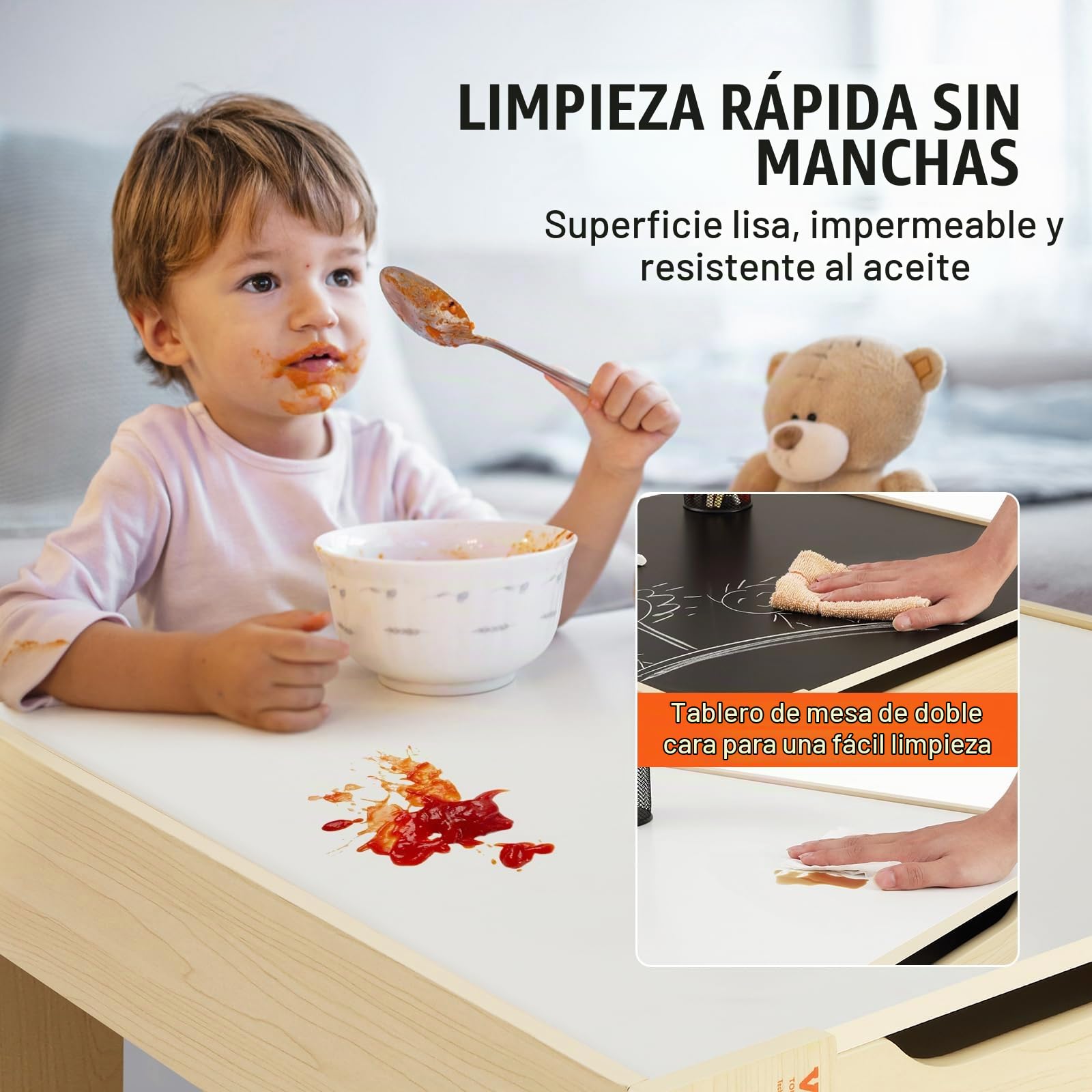 VEVOR 1 Mesa Infantil + 2 Sillas de 610x610x483 mm y 290x300x530 mm Conjunto de Muebles Infantiles con Caja de Almacenamiento Bandeja de Doble Cara para Estudiar Comer Jugar Leer Habitación Infantil