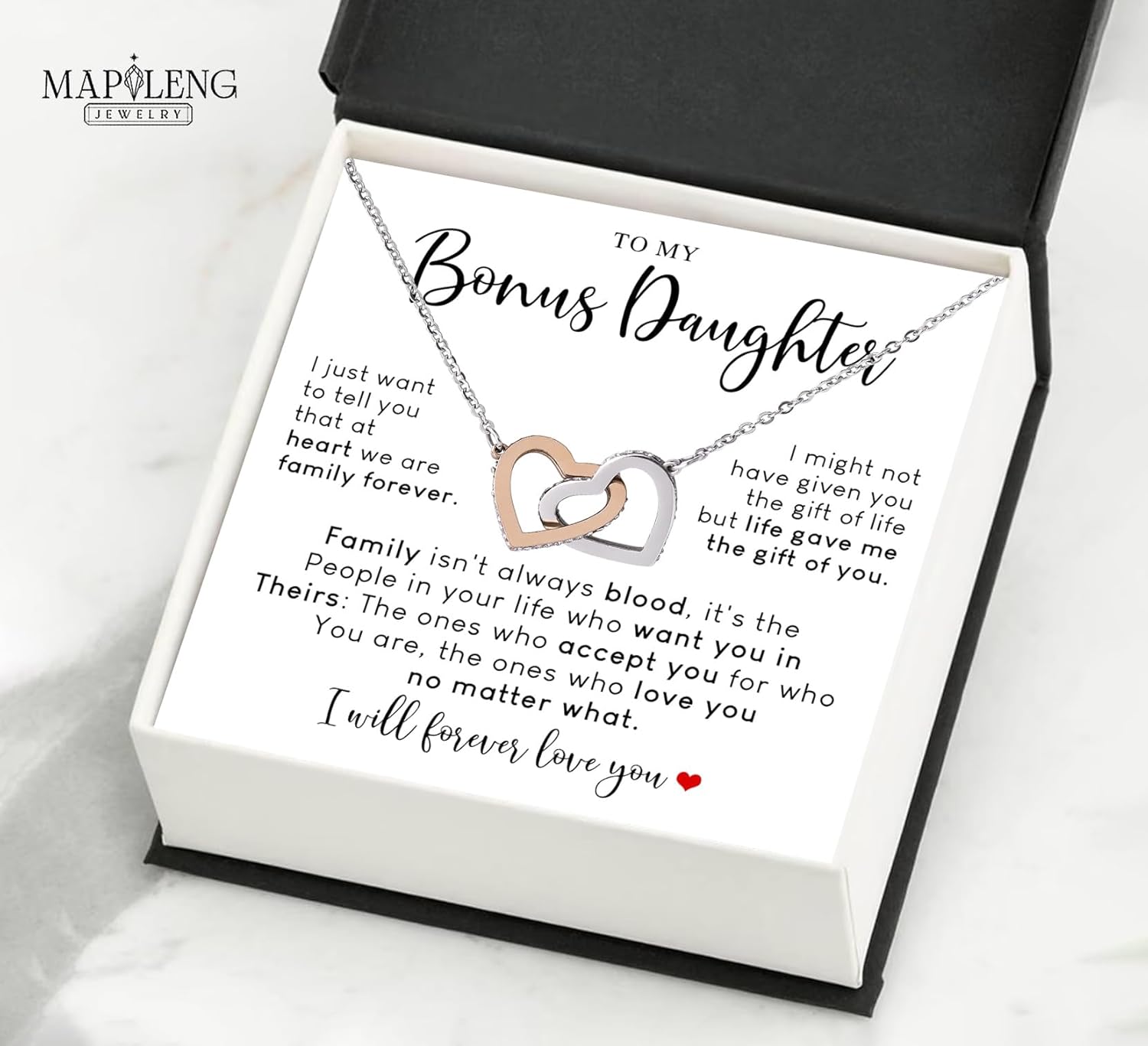 To My Bonus Daughter Interlocking Hearts Necklace With Heartfelt Message & Elegant Box, Bonus Daughter Necklace From Stepdad, Stepmom, Birthday, Christmas Gifts For StepDaughter