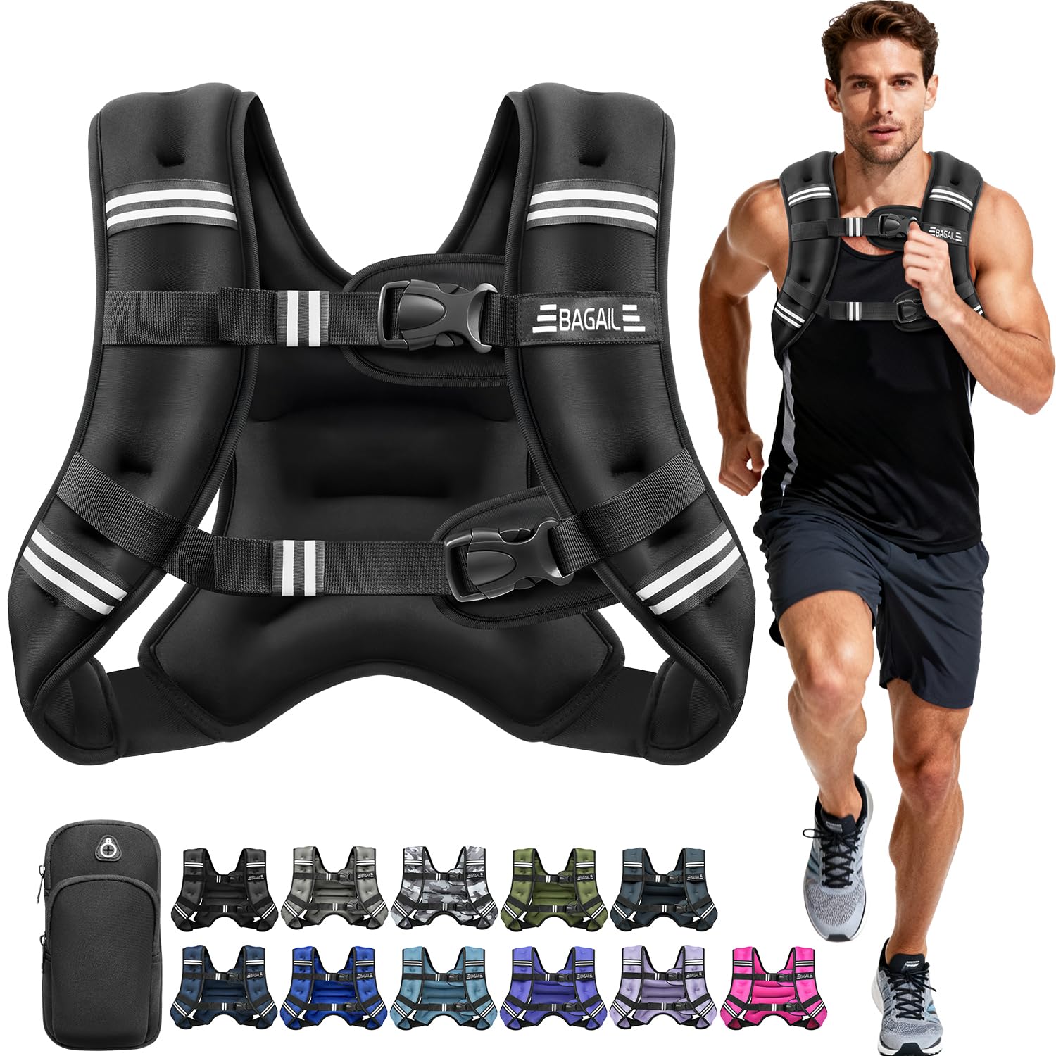 BAGAIL Weighted Vest, 5lbs/10lbs/12lbs/15lbs/20lbs/25lbs/30lbs Weight Vest with Detachable Phone Pouch, Rucking Vest for Women, Men, Walking, Weight Loss, Training, Running