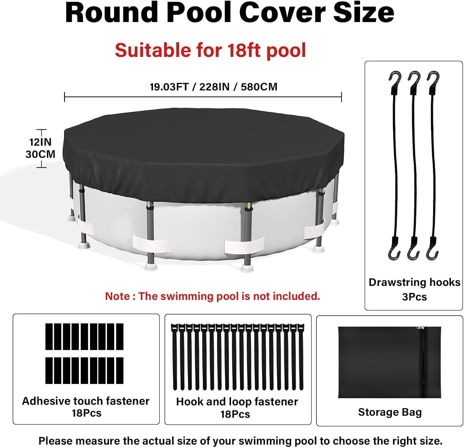 SAFANA 18FT Round Pool Covers for Above Ground Pools, Round Swimming Pool Cover [Upgrade 420D Thicker] Protective Leaf Cover, Elastic Band Auto Shrink & Seal, Tear Resistant, UV Protection, Black