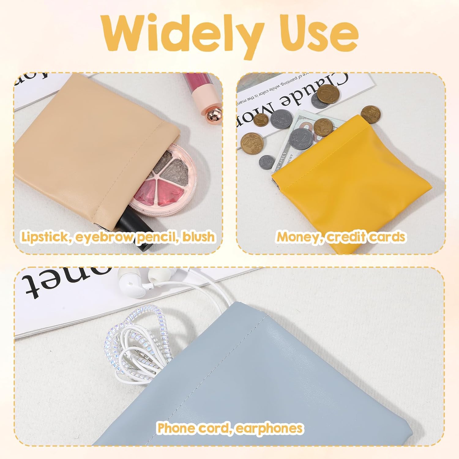 30 Pcs Snap Closure Pouches, Small 4.7 Inch Squeeze Coin Purse Pouch, Waterproof Portable Mini Makeup Bag, No Zipper Self-Closing Pocket Cosmetic Bag for Women Jewelry Lipstick Headphones