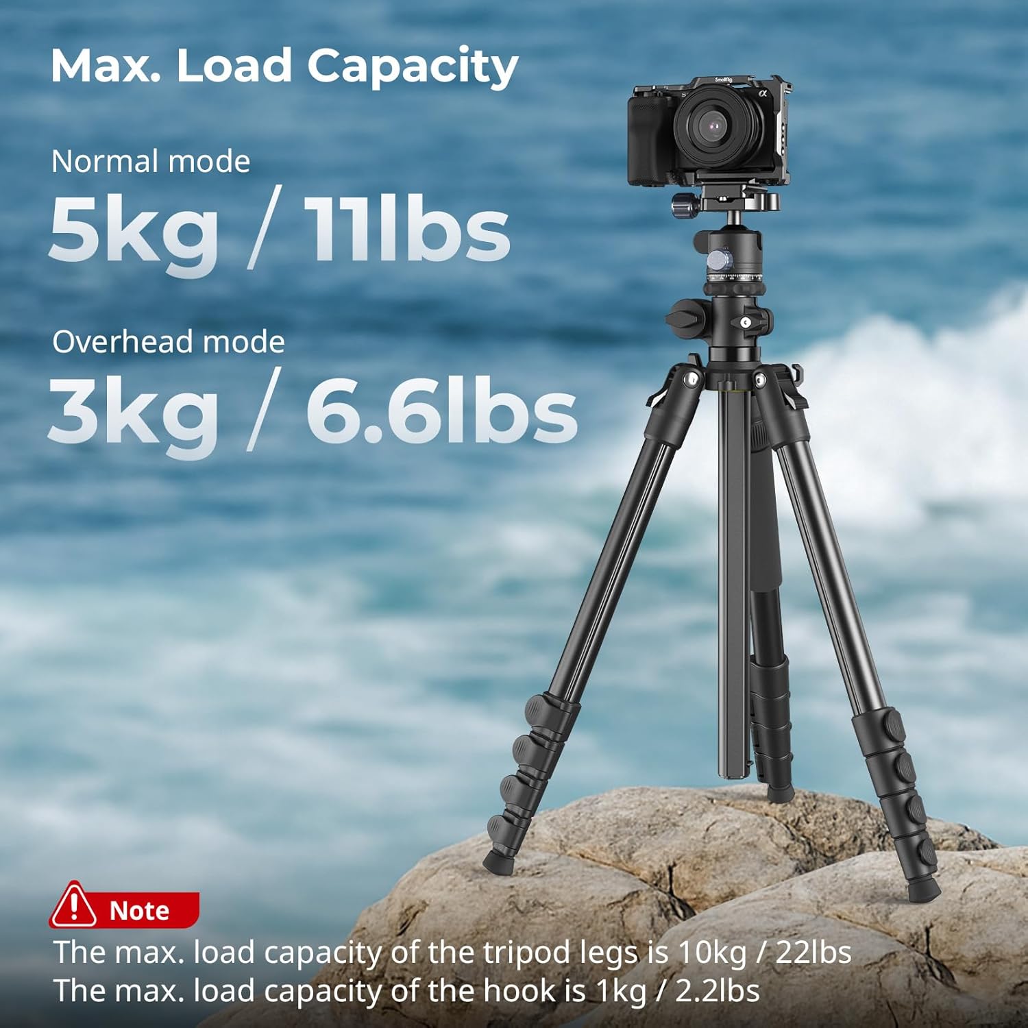 Image illustrating the maximum load capacities for the SmallRig CT25 tripod in both normal and overhead modes.