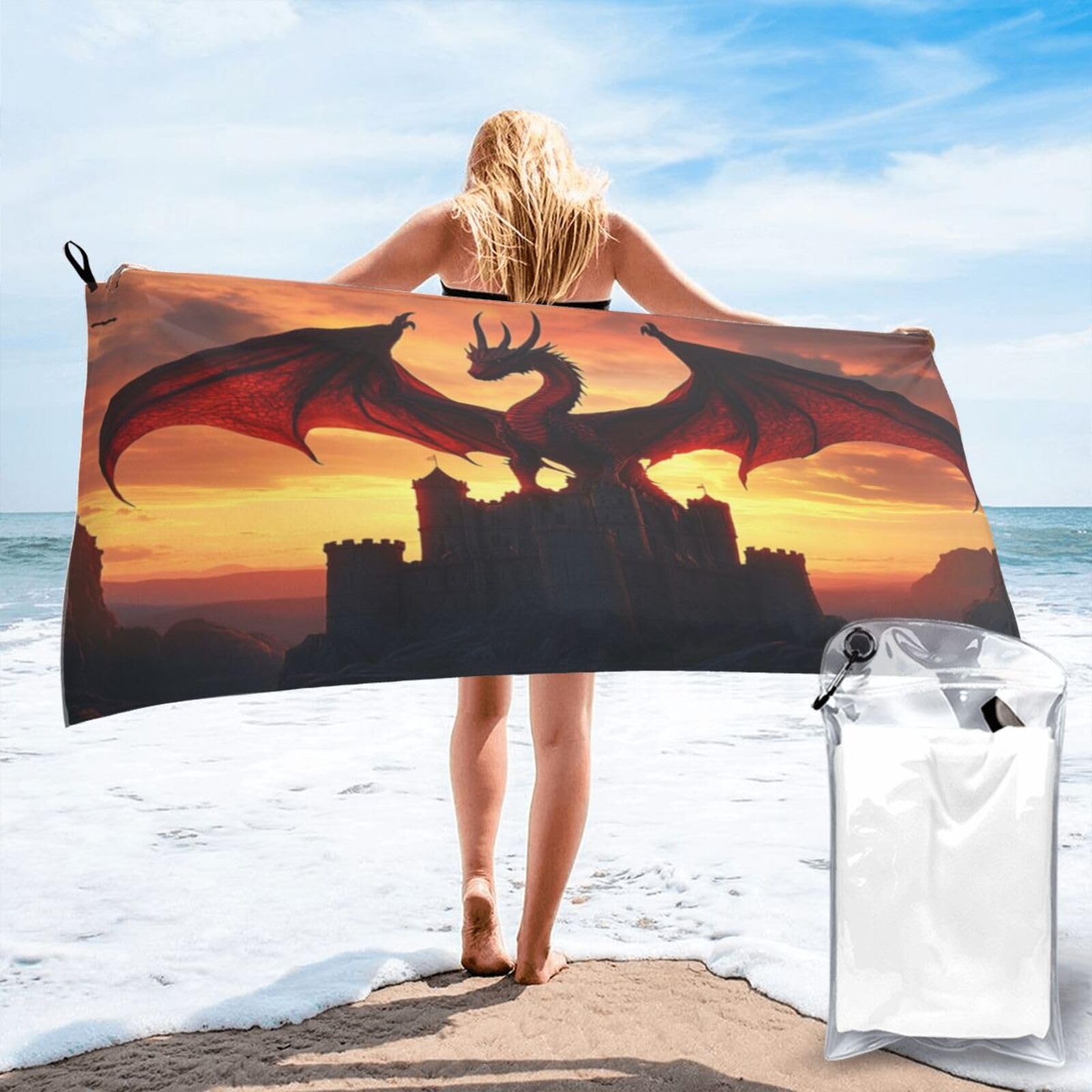 Anceky Dragon ATOP Castle At Sunset, Dramatic Wings Quick Dry Microfiber Travel Towel with Carry Case and Carabiner 31.5"X63"