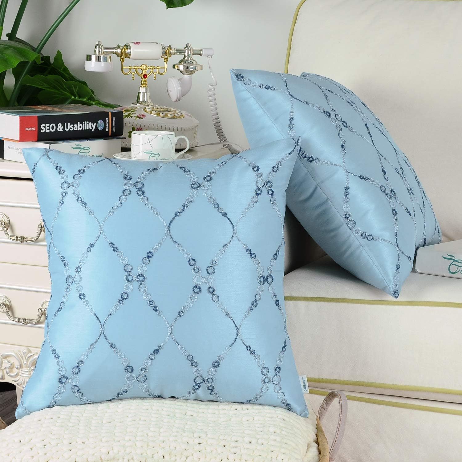 CaliTime Pack of 2 Cushion Covers Throw Pillow Cases Shells for Sofa Couch Home Decoration Modern Gradient Rings Waves Lines Geometric Chain Embroidered 18 X 18 Inches Light Blue