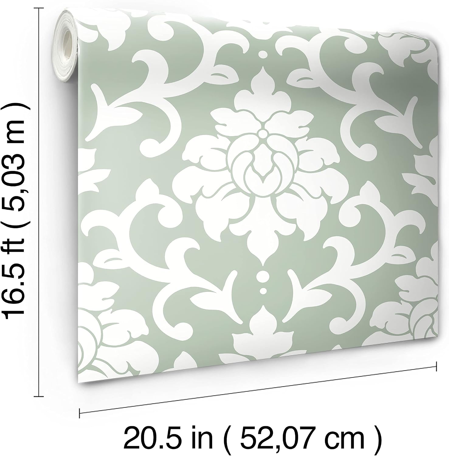 RoomMates RMK12116WP Damask Peel and Stick Wallpaper, Green, White