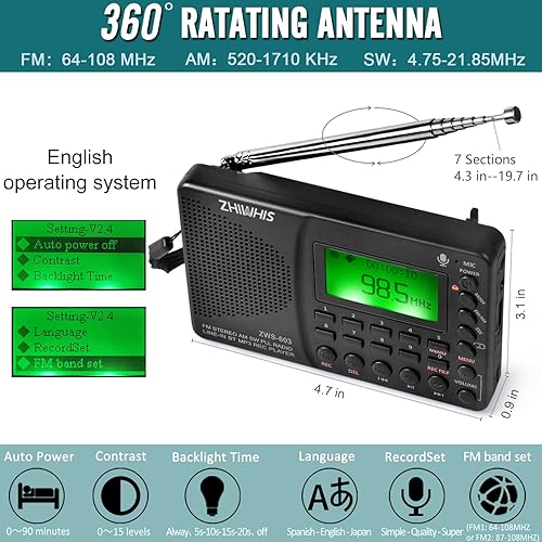 Miniatura 2 de ZHIWHIS Radio Bluetooth portátil, radios FM AM de onda corta con temporizador de sueño y función preestablecida, grabadora digital recargable,