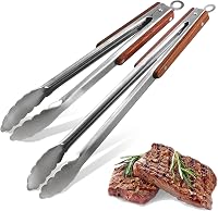Esie Houzie 16" & 12" Heavy Duty Stainless Steel Grill Tongs 2-Pack - Locking Mechanism, Heat-Resistant Wood Handles for BBQ Grilling & Kitchen