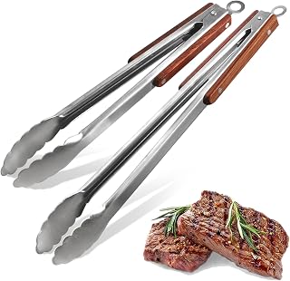 Esie Houzie 16" & 12" Heavy Duty Stainless Steel Grill Tongs 2-Pack - Locking Mechanism, Heat-Resistant Wood Handles for BBQ Grilling & Kitchen