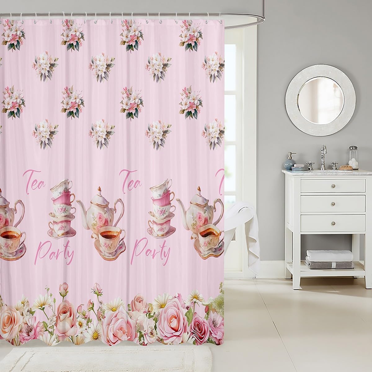 Erosebridal Pink Tea Party Shower Curtain 72"Wx72"L Afternoon Tea Vintage Teacup Bathroom Curtain Romantic Aesthetic Rose Flowers Bathroom Accessories For Kids Adults,Rustic Daisy Teatime Shower Decor image 2