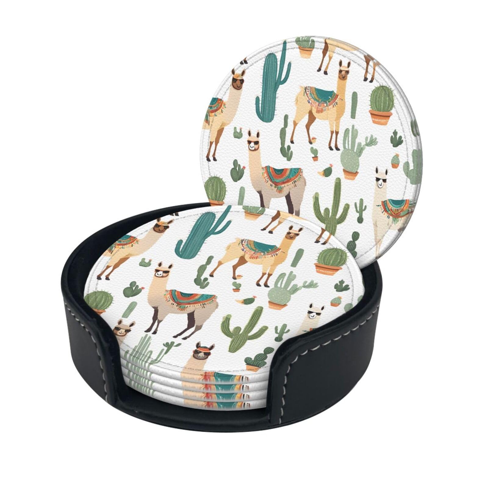 Alpaca Llama Print Coaster,Round Leather Coasters with Storage Box for Wine Mugs,Cold Drinks and Cups Tabletop Protection (6 Piece)