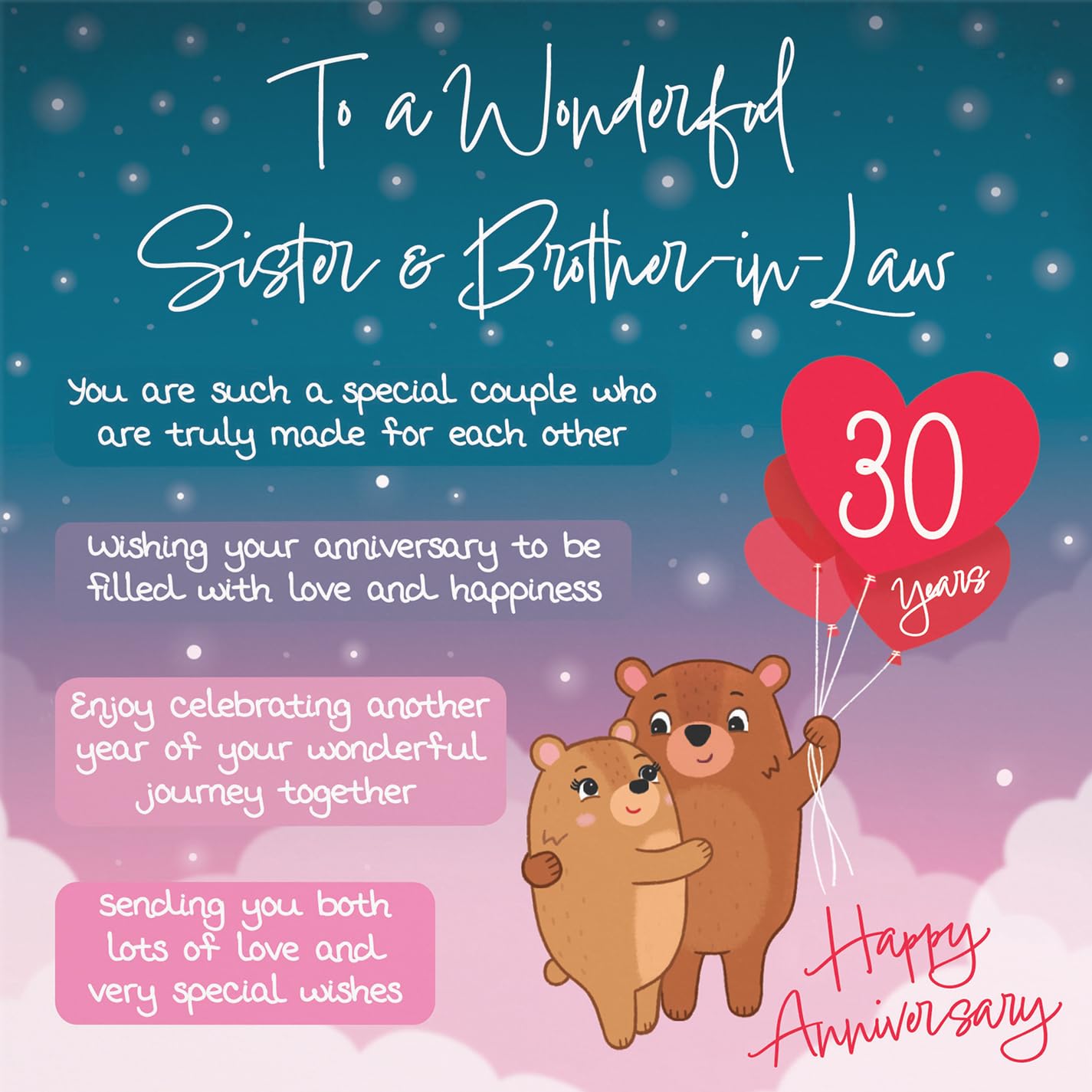 Hunts England, Sister And Brother In Law 30th Anniversary Card, Starry Night, Cute Bears - Image 2