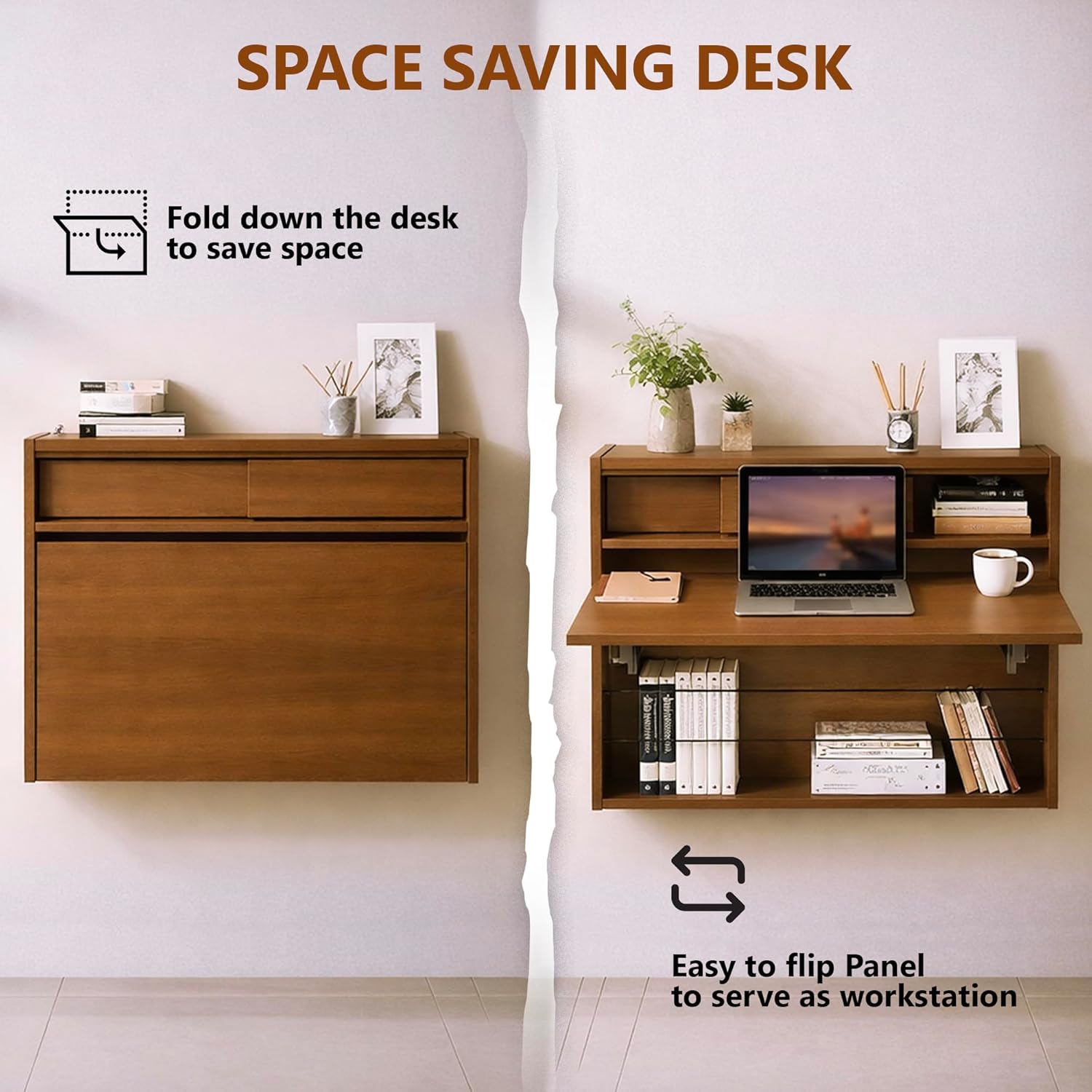 Wall Mounted Desk 31 Inches, Folding Table with Shelves, Space Saving Computer Desk, Floating Table, Multi-Purpose Folding Desk Perfect for Workstations, Dining, or Laundry Area.