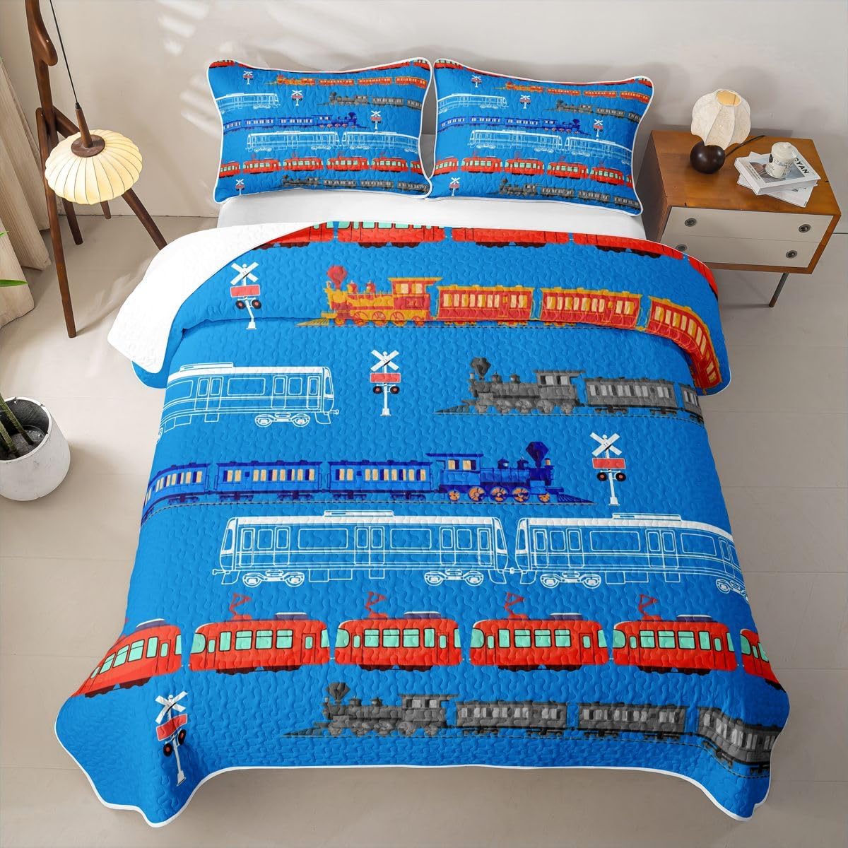 Feelyou Cartoon Car Quilt Sets Kids Train Twin Quilt Bedspread Boys Girls Choochoo Rail Roads Tracks Decor Quilt Bedspread Microfiber Train Construction Bedding Set