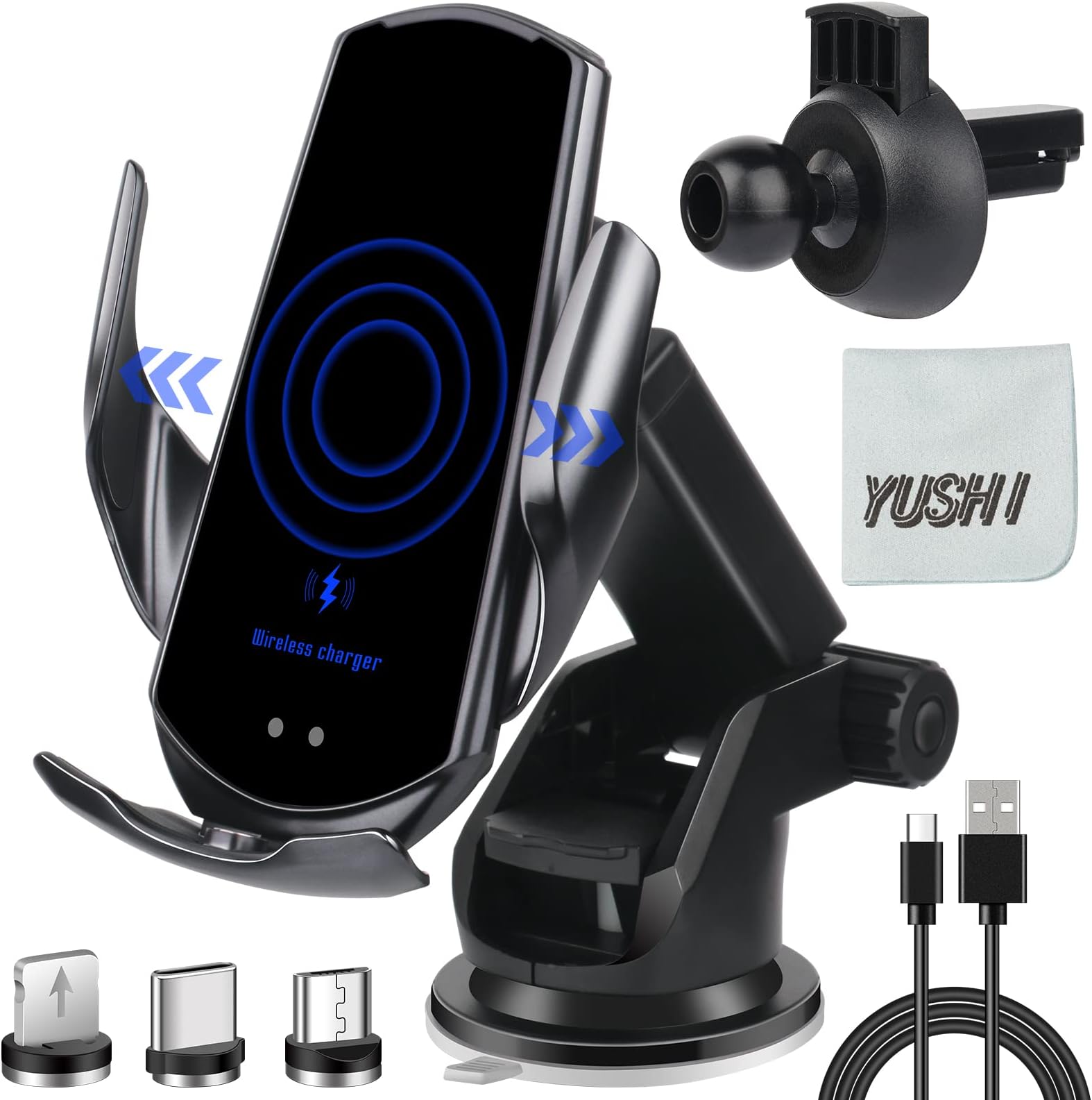 YUSHI Wireless Car Charger for All Smartphones,15W Qi Fast Charging, Automatic Sensor Auto-Clamping Car Phone Holder, Windshield Dashboard Air Vent Car Phone Mount