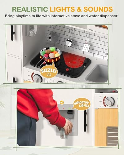 Miniatura 3 de Babytronic Juego de cocina de madera para niños, cocina interactiva con luces y sonidos, juego de cocina para niños con grifo, horno, microondas