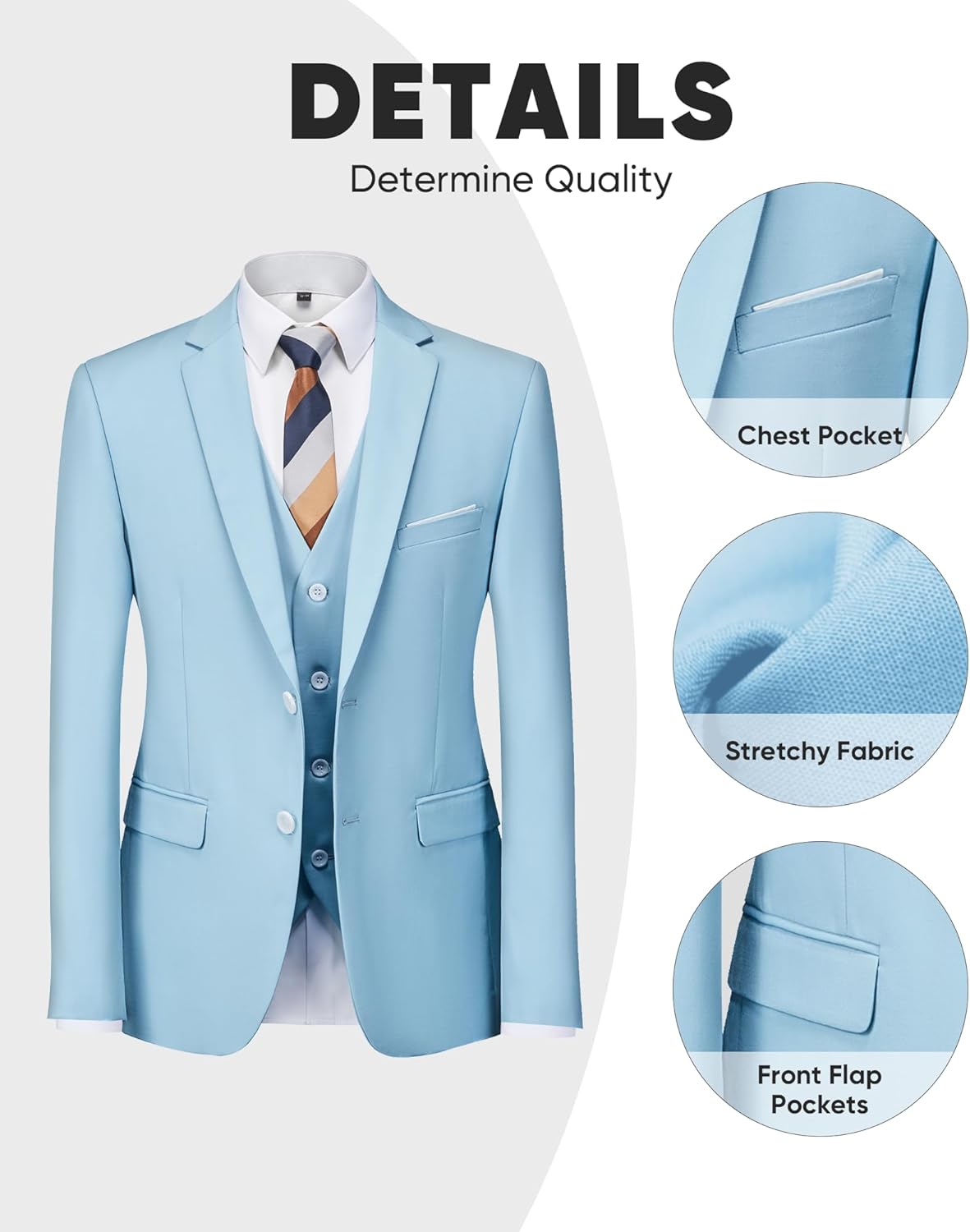 Men's 3 Pieces Suit Set Solid Two Button Slim Fit Party Prom Business Wedding Jacket Blazer Vest Pants with Tie
