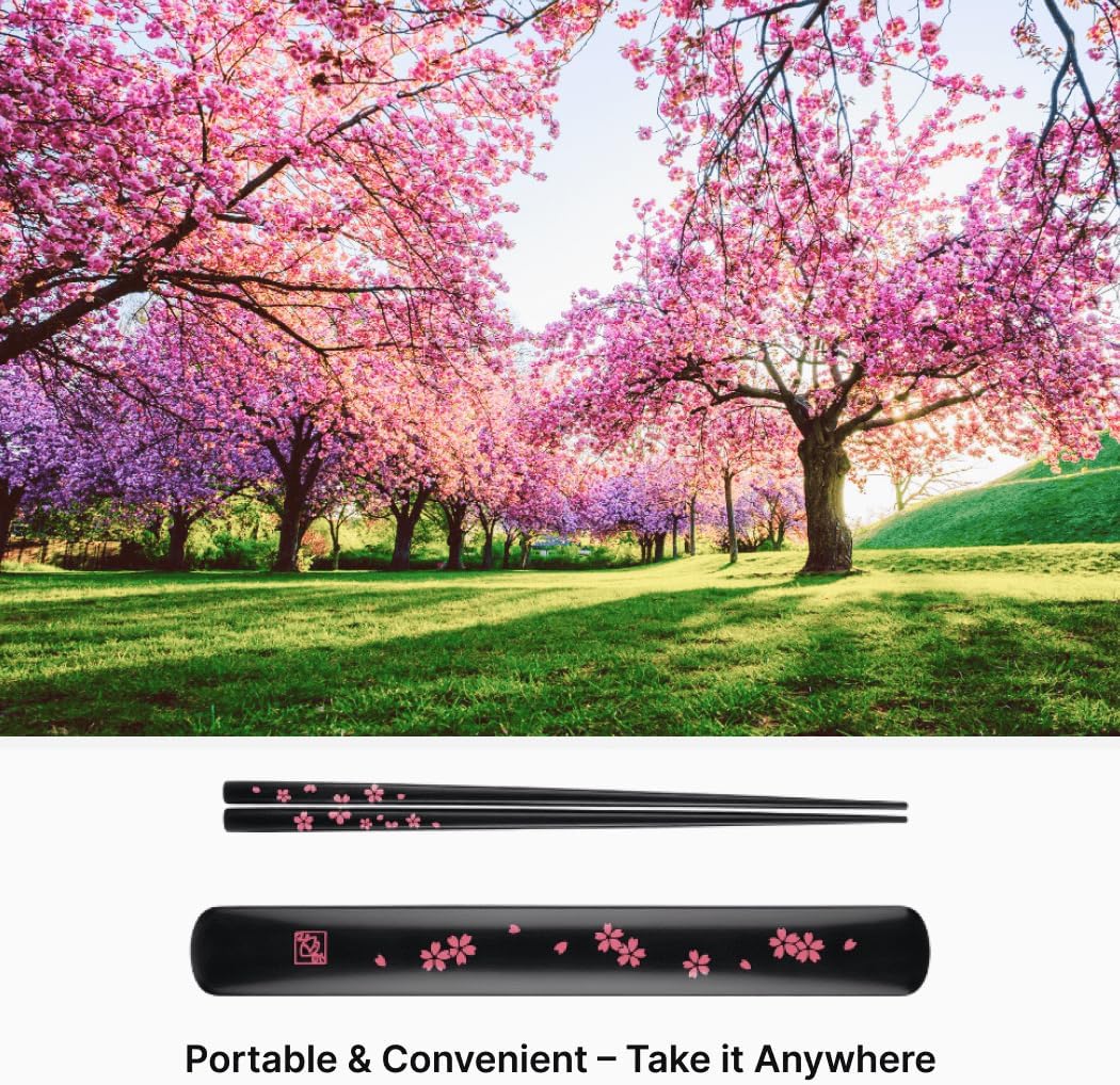 Portable Bamboo Chopsticks with Case – Reusable Travel Chopsticks Utensil Set, Dishwasher Safe, Sakura Pattern, Made in Japan