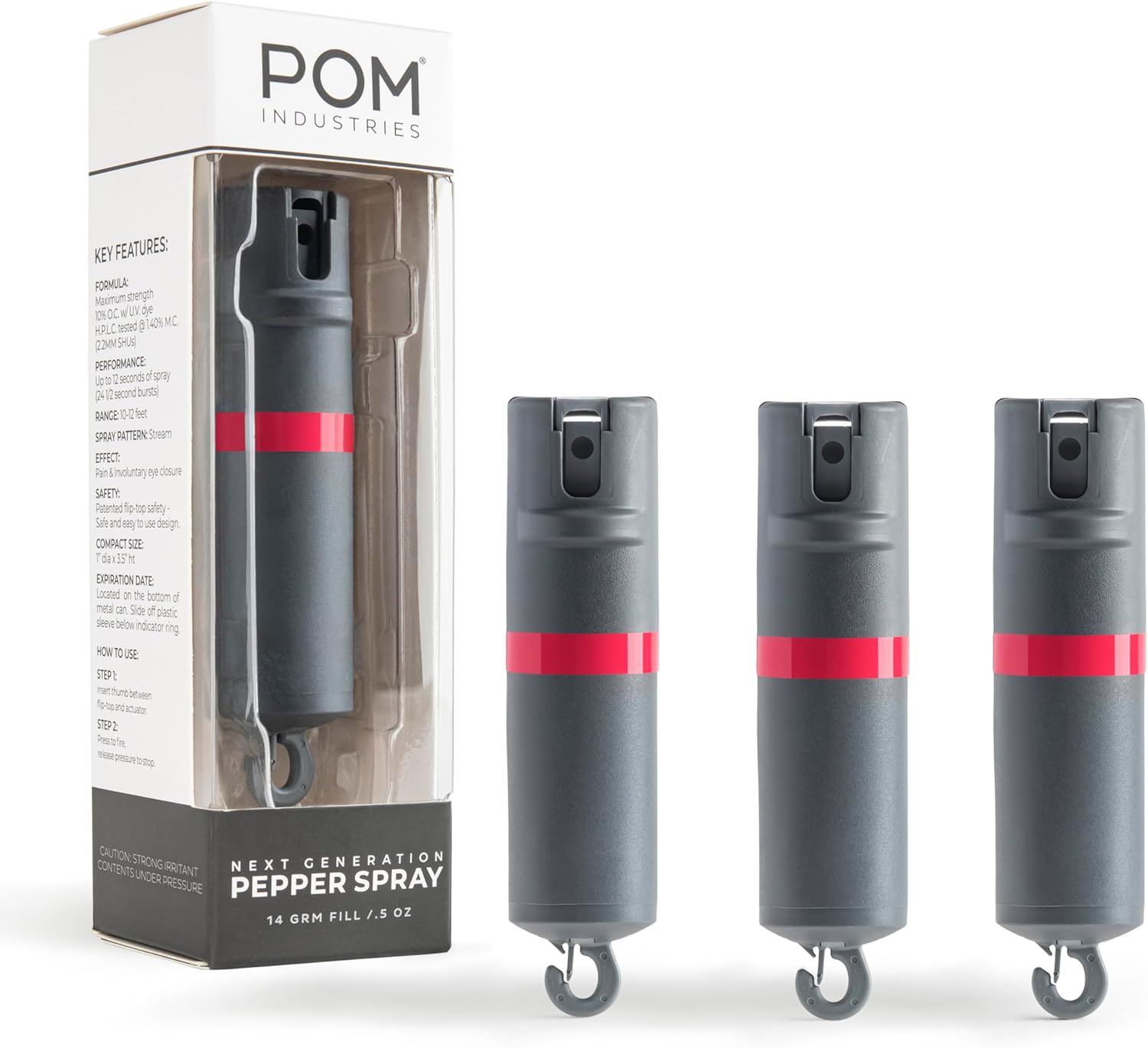 POM Pepper Spray Flip Top Snap Hook - Maximum Strength OC Spray Self Defense - Tactical Compact & Safe Design - Quick Key Release - 25 Bursts & 10 ft Range - (Group)