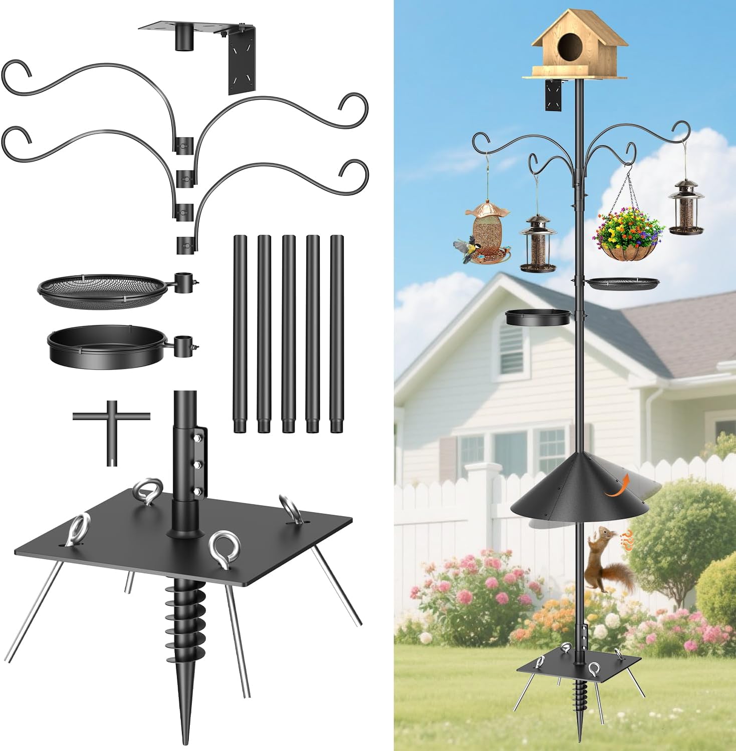 2025 Upgraded Heavy Duty Bird Feeder Pole,92 Inch Squirrel Proof Adjustable Bird Feeding Station,4 Shepherd Hooks for Feeder Stand, Includes Water Bowl and Mesh Tray,for Outdoor Garden & Yard