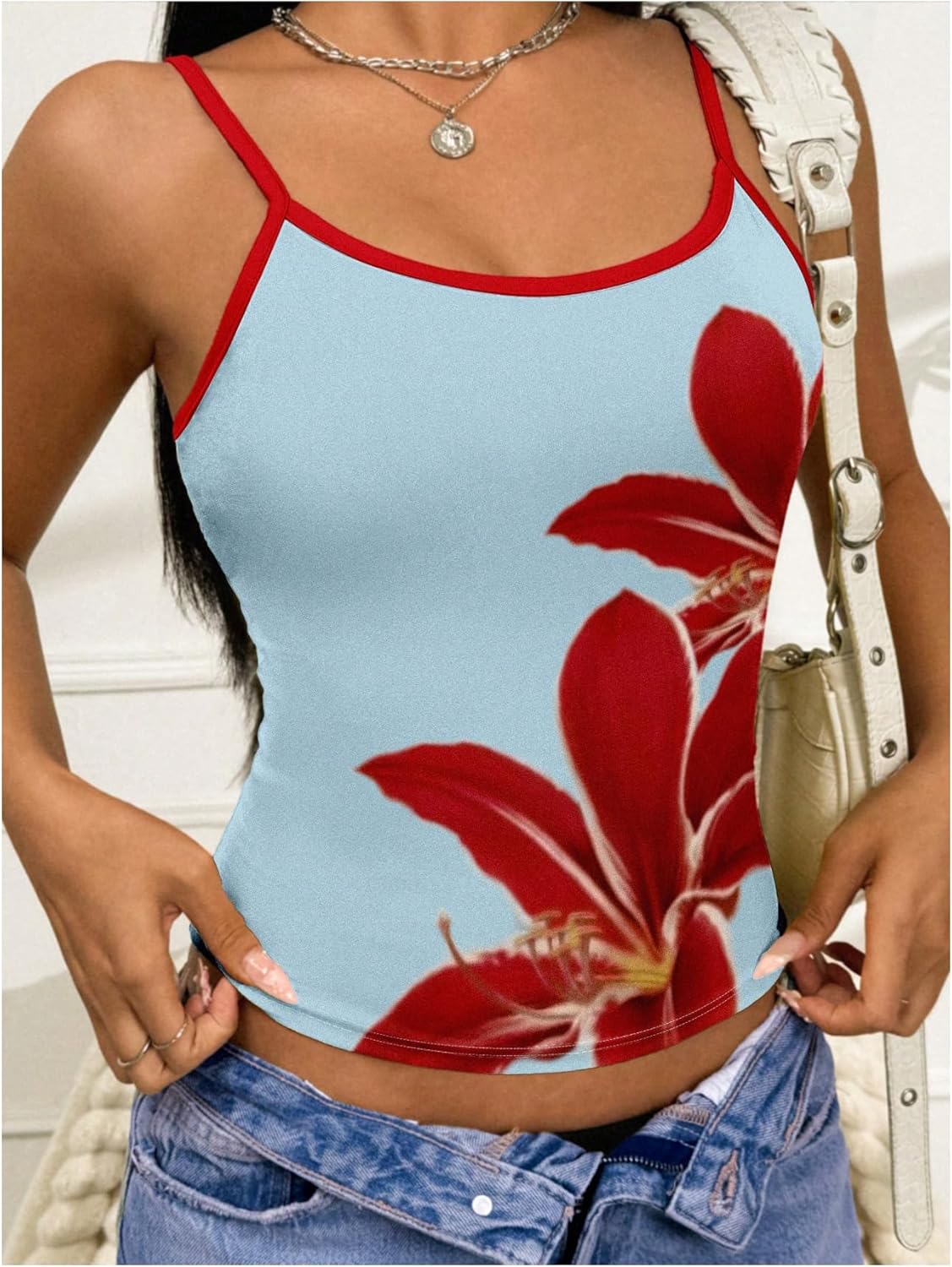 Women's Floral Summer Camisole Tops Y2K Contrast Binding Spaghetti Strap Crop Cami Tank Top - Image 2