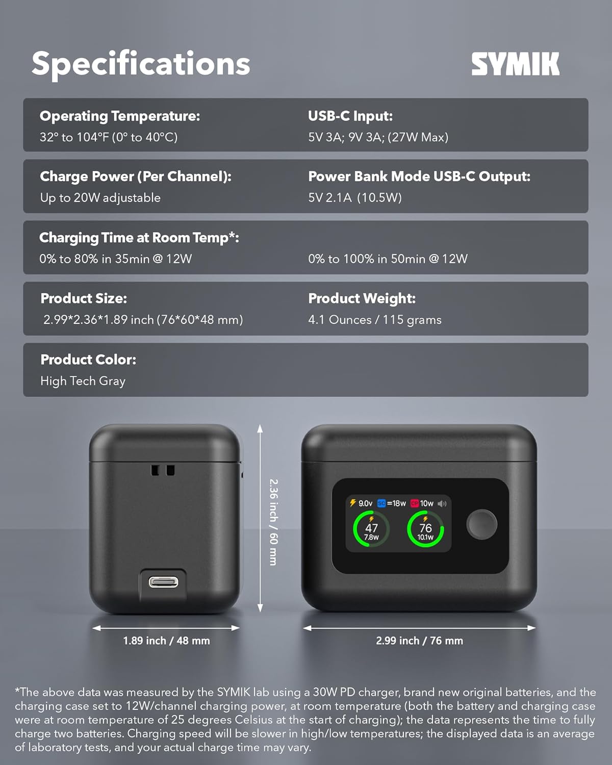 SYMIK charger dimensions and specifications overview