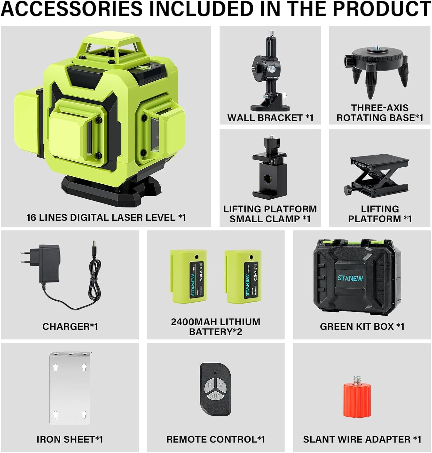 Stanew Niveau Laser 360°x 4 Chantier Autonivelant,Lazer Niveaux 4D 16 Lignes Laser,Nivellement Automatique, Support Rotatif, Télécommande,2x2400 mAh Batterie,Autonivellement et Mode Pulsé Extérieur