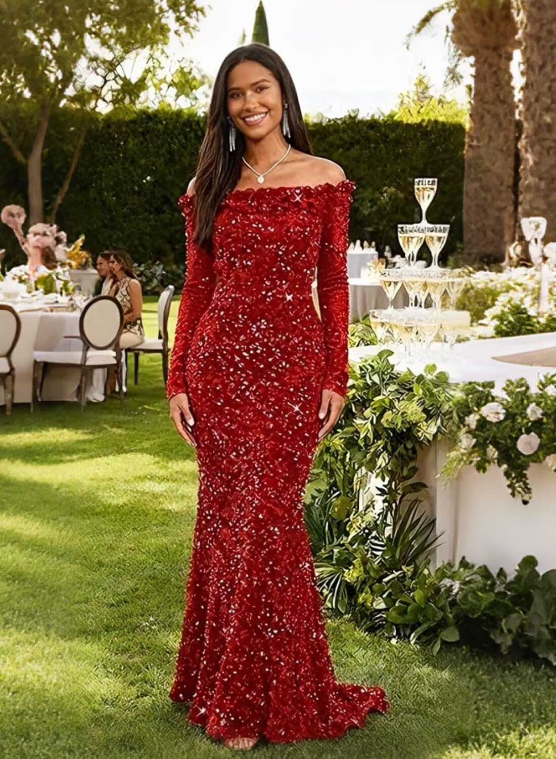 Women’s Sparkly Sequin Mermaid Prom Dress Off The Shoulder Long Sleeves Formal Evening Gown - Image 3