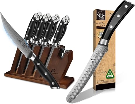 CoquusAid Steak Knives Set of 8 with Block+5 inch Kitchen Utility Knife