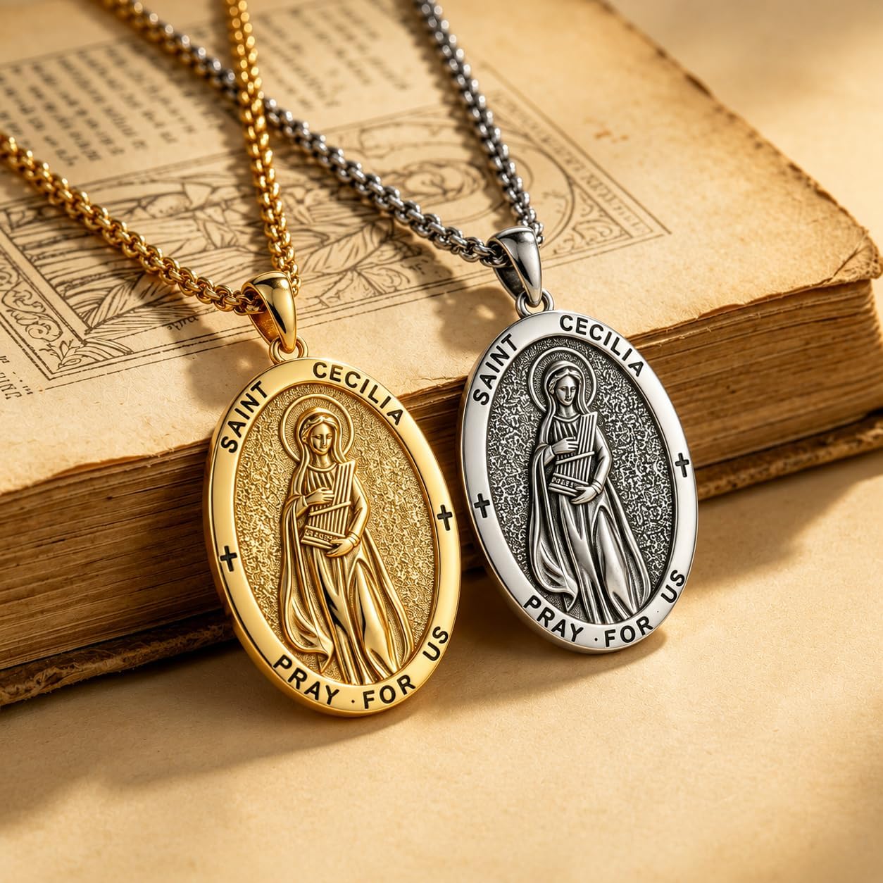 Silver/14K Gold Patron Saint Medal Amulet Necklace for Men Women image 3
